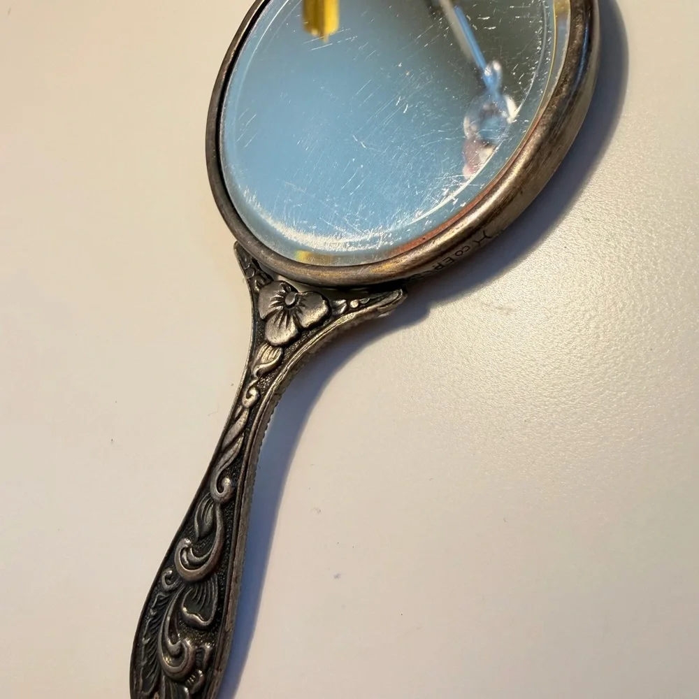 Vintage Silver Tone Hand Mirror Art Nouveau Compact Vanity